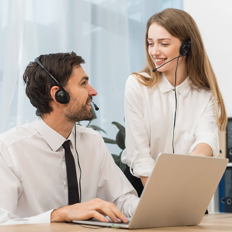 Employees with headset/microphone